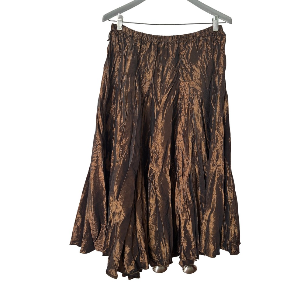 Vintage Laura Petites‎ Bronze Metallic Crinkle Midi Skirt Elastic Waist Size 12P